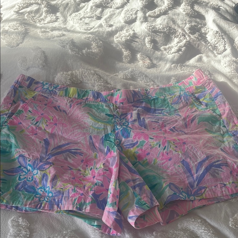 Lilly Pulitzer Pink and Blue Bermuda Shorts Vibrant Pattern